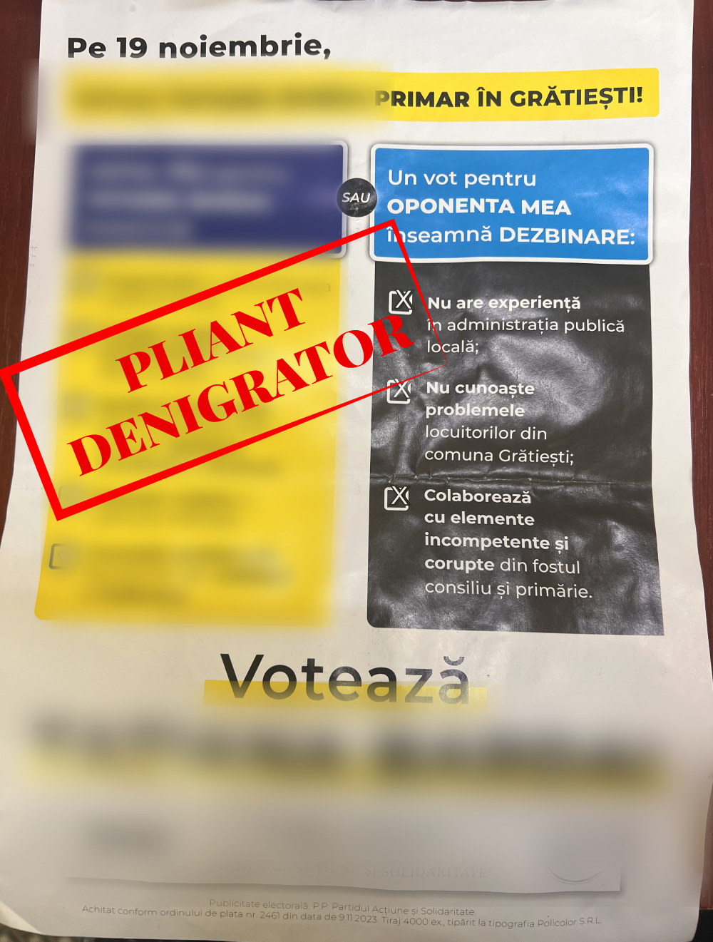 4.000 de pliante denigratoare împânzesc comuna Grătiești, împotriva candidatei Platformei DA la primărie, Olga Caraman - „Cei 30.000 de sirieni s-au mutat la Grătiești”