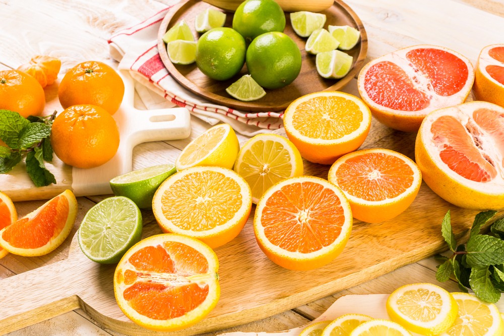 Variety of citrus fruit including lemons, lines, grapefruits and oranges.