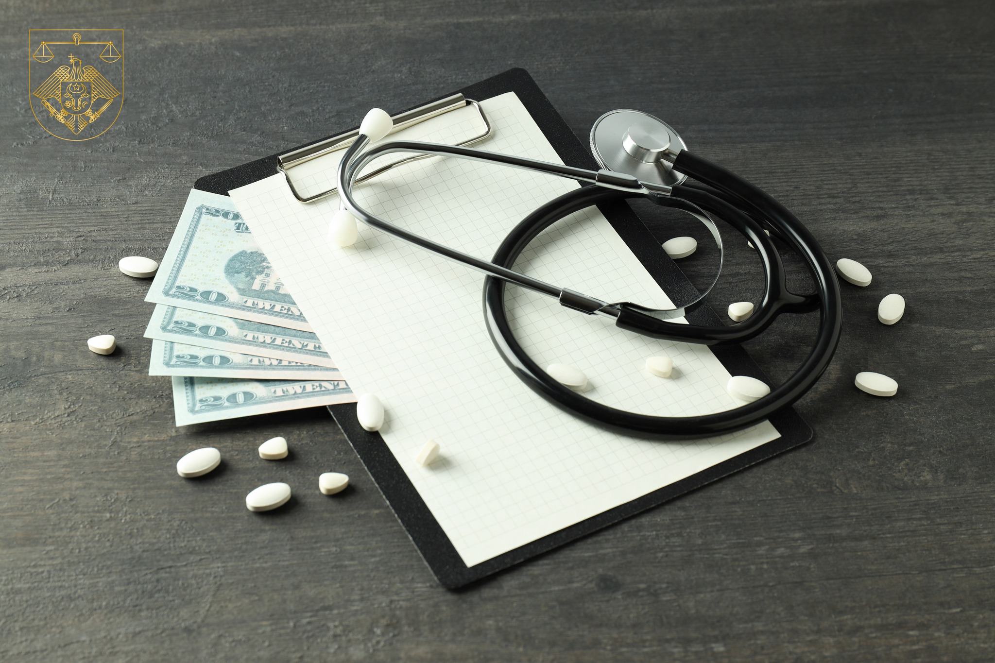 Money with medical equipment, concept of corruption in medicine.