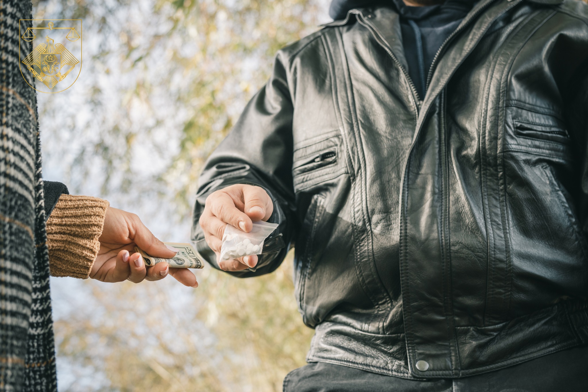 Male drug dealer sells hard drugs in a transparent plastic bag to an addicted woman with money in her hand, cropped image.