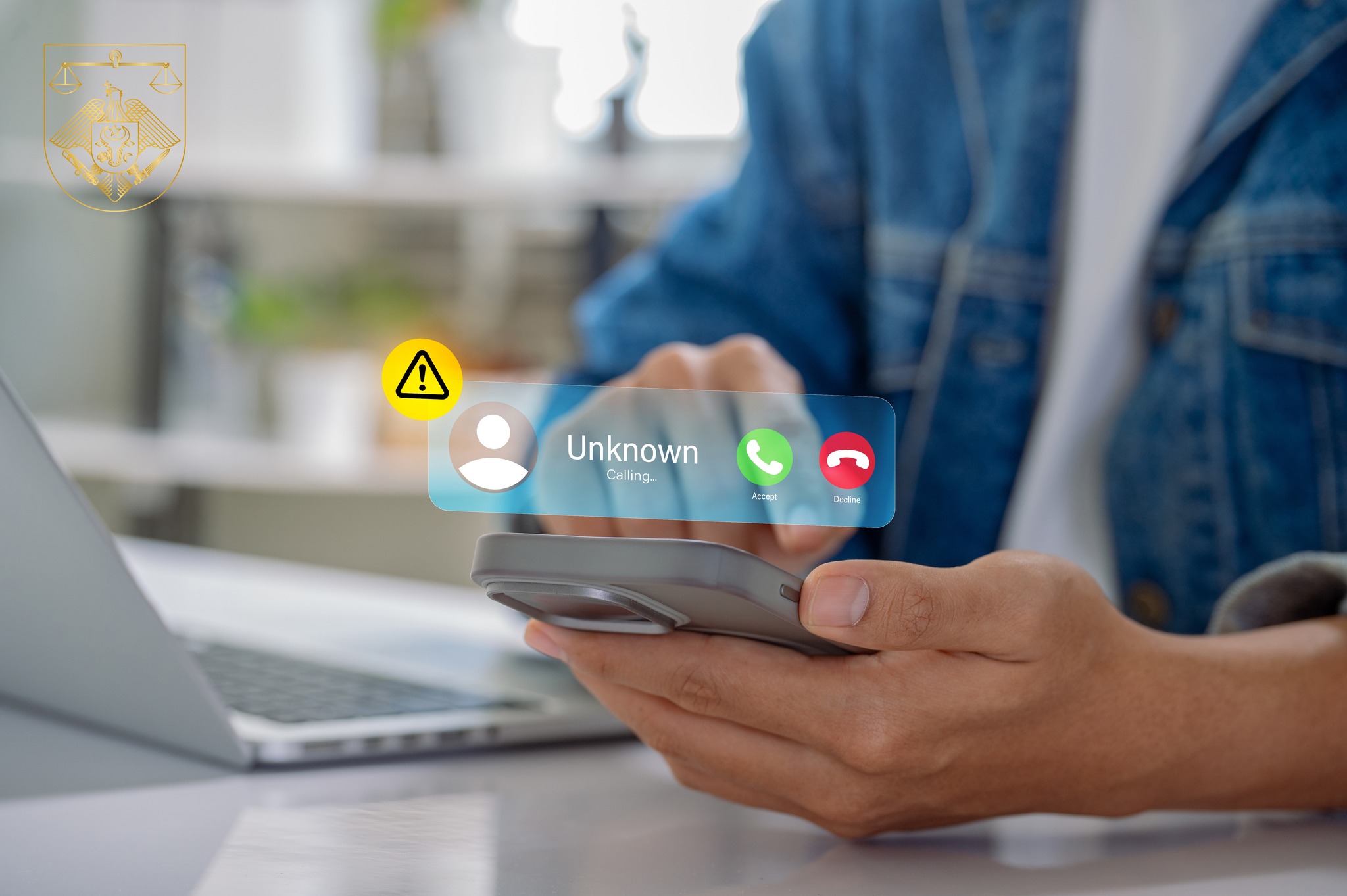 Scam or spam alert calls, person receiving unknown caller notification with a Warning Messages to Prevent Scams, Fraud, and Identity Theft on smartphone, Mobile Security Against Cybercrime.