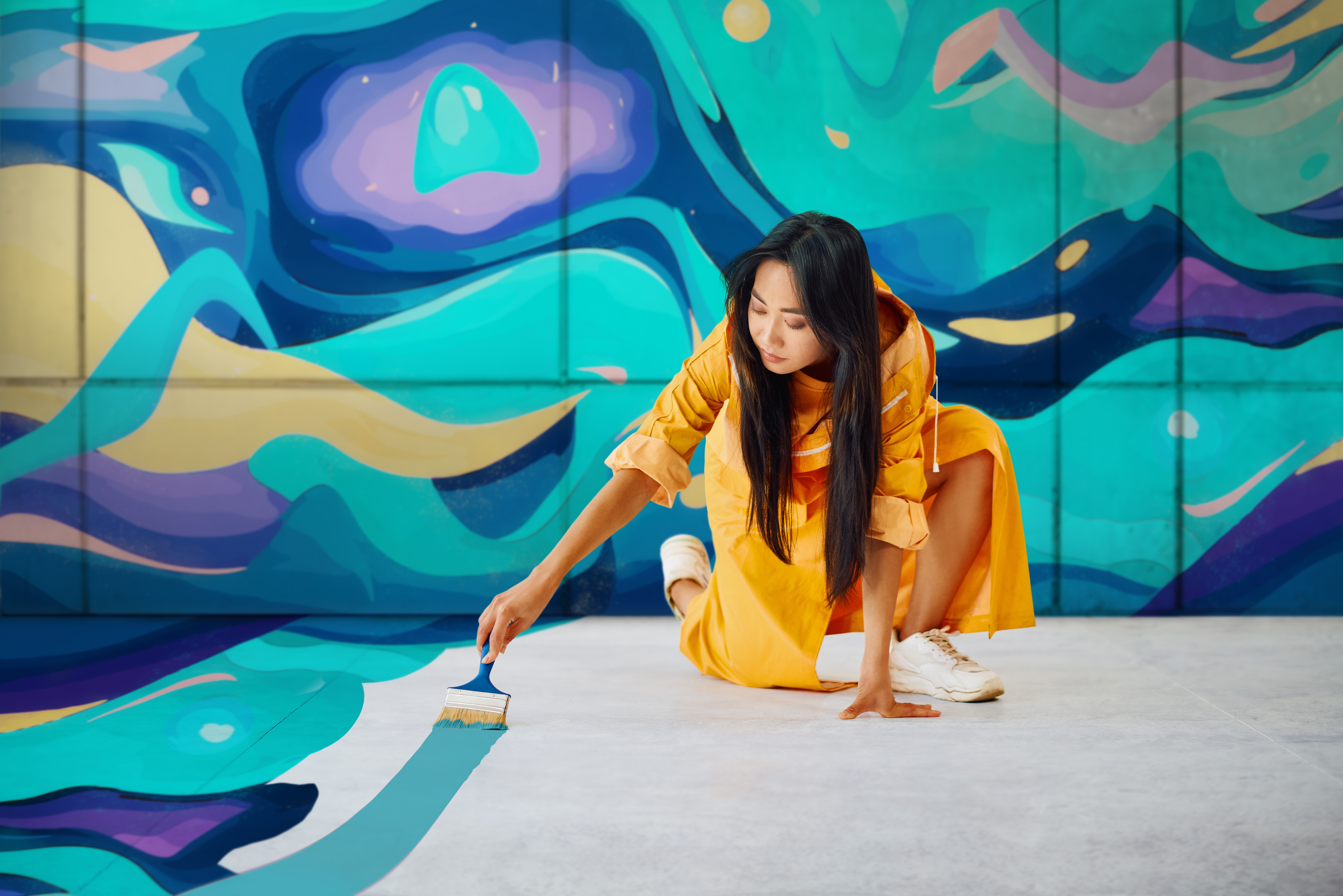 Female,Street,Artist,Painting,Colorful,Graffiti,On,The,Ground,With